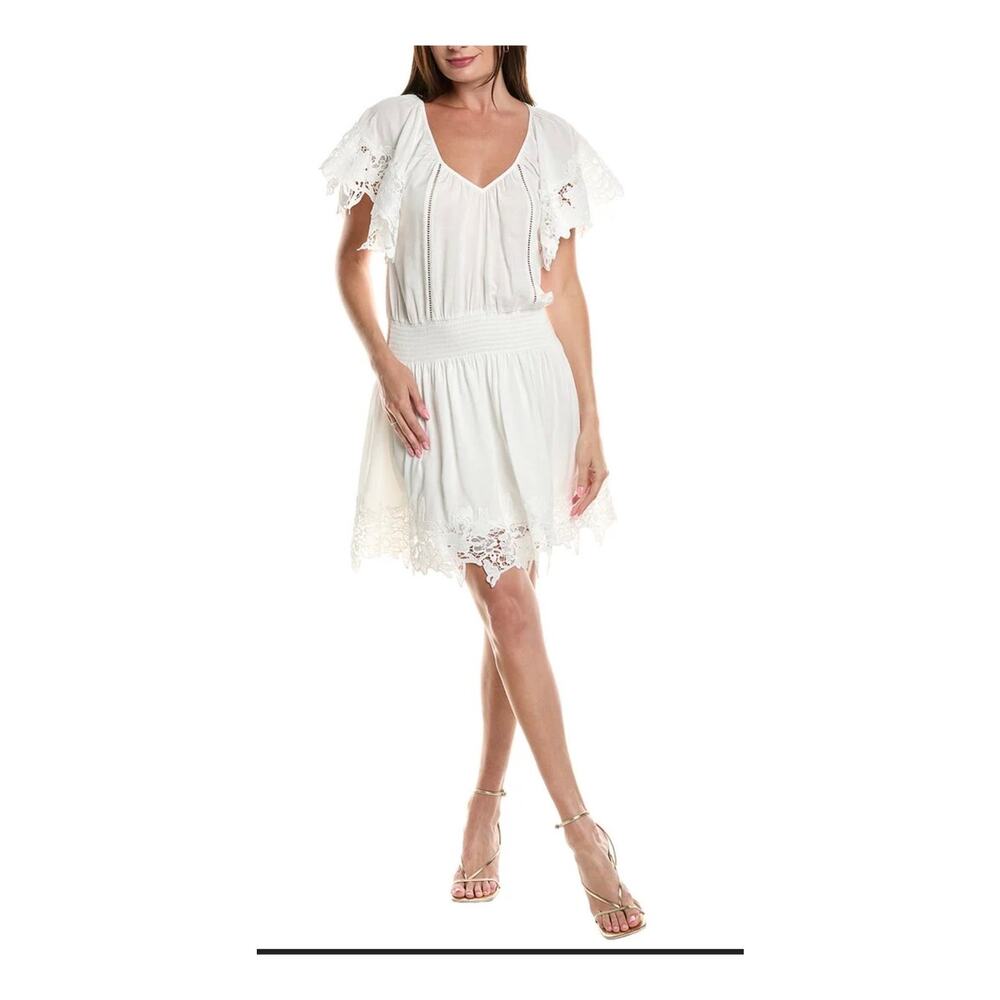 Ramy Brook Mini Dress White Linen Blend Embroidered Lace Trim Smocked Waist
